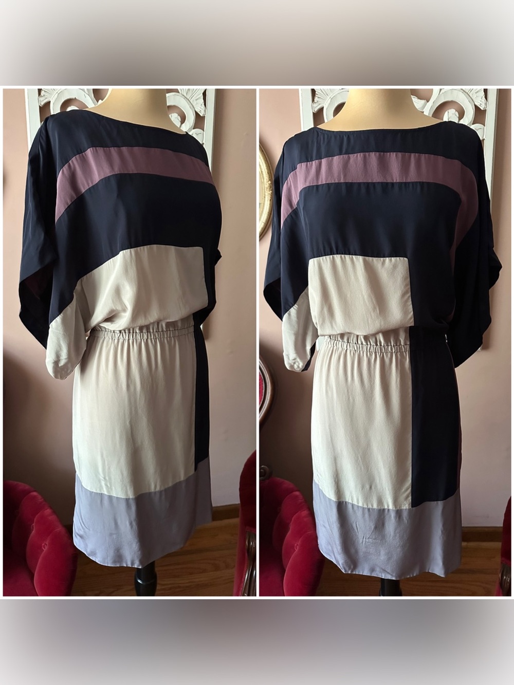 Suzi Chin Maggy Boutique silk dress colorblock dolman sleeves elastic waist sz 6
